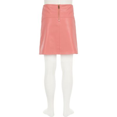 Girls pink leather-look A-line skirt